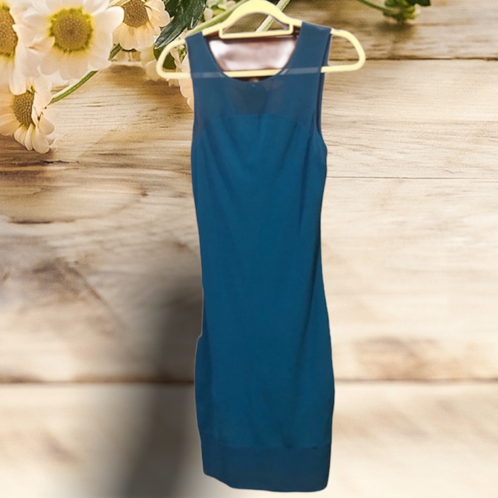 BEBE Luminous Teal Blue Silk & Sheer Cocktail D…